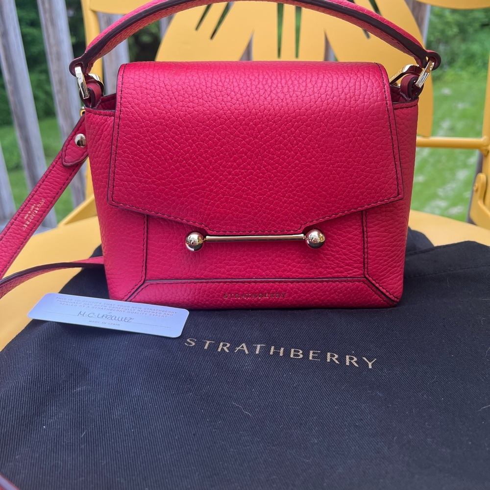 Strathberry Raspberry Red Crossbody Bag with Metallic Bar Detail